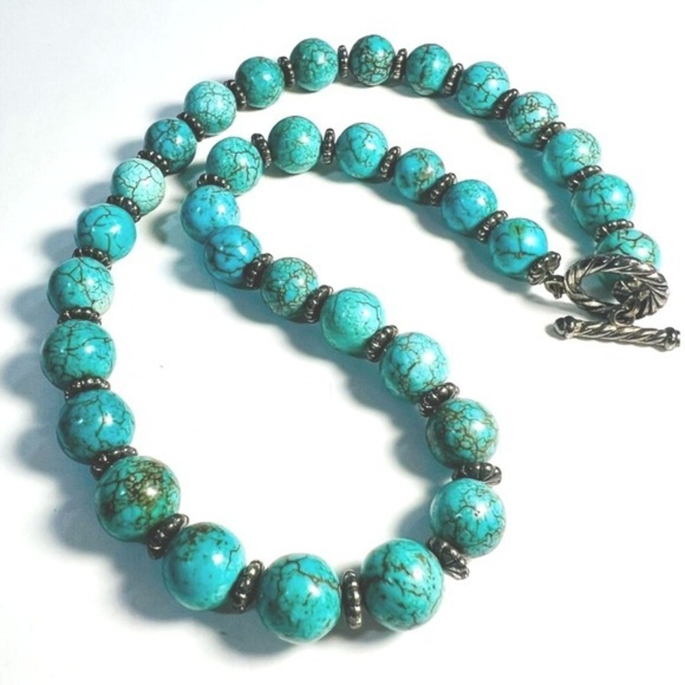 Blue Bead Necklace 22" Gold Matrix Silver Tone Rondelles‎ Toggle Clasp 22"